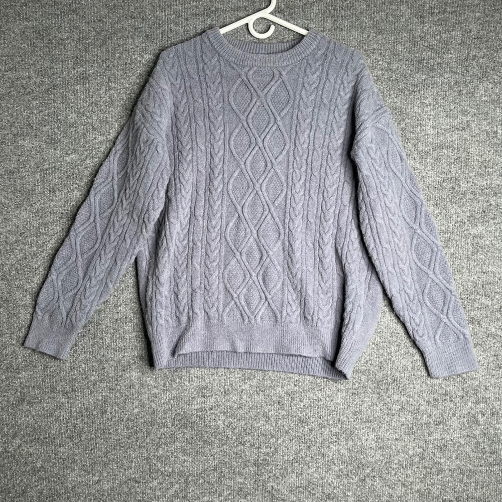 Aelfric Eden Mens Medium Grey Blue Cable Knit Oversized Crew Neck Sweater